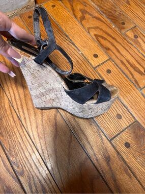 SCHUTZ Black Suede Cork Wedge Sandals